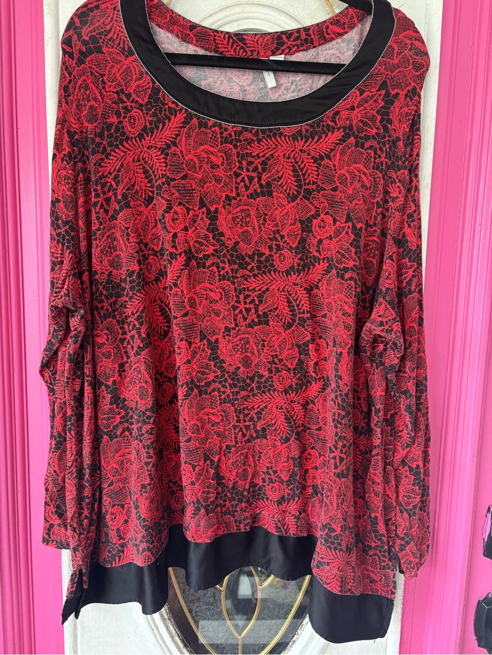 Cato Red Floral Lace-Pattern Long Sleeve Top with Black Trim